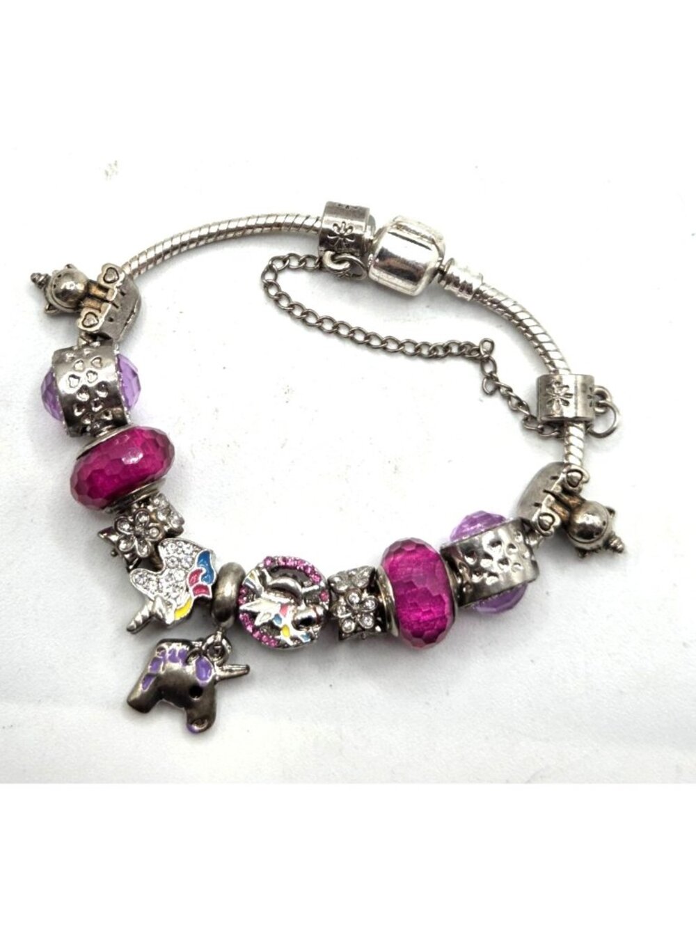 Silver Tone Charm Bracelet With Pink & Purple Beads Elephant & Butterfly Charms